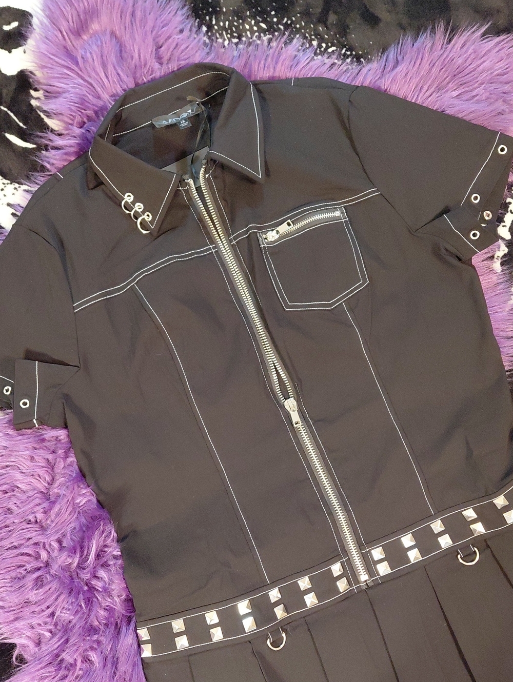 DOLLSKILL WIDOW 1X Black Short-Sleeve Zip-Front Shirt DRESS with Studded Waist